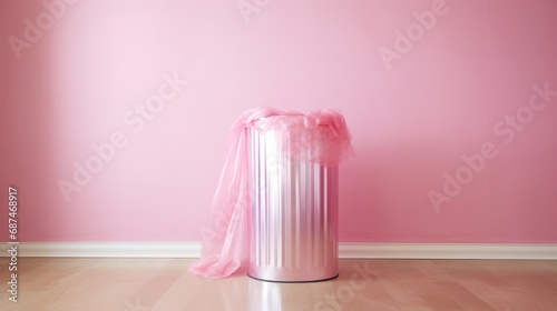 pink organza material thrown in a metallic pink rubbish bin photo