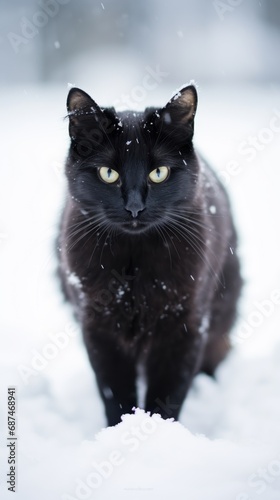 sleek black cat in the winter snow looking cute and cold