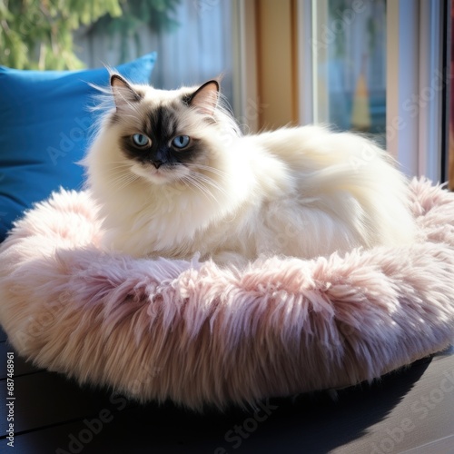 pedigree ragdoll cat sitting in a cat bed in the conservatory photo