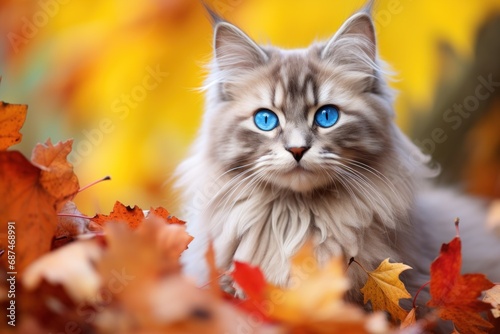 long haired tabby cat with blue eyes against yellow autumn background, fall leaves