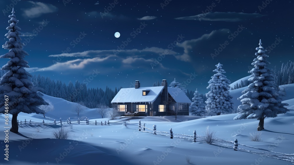 Wooden house in winter forest at night