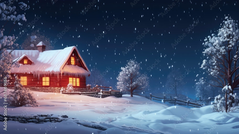 Wooden house in winter forest at night Wooden house in winter forest at night