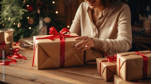 Young woman making gift wrapping packaging with red thread on a wooden table. Packaging and preparation of gifts for the celebration.