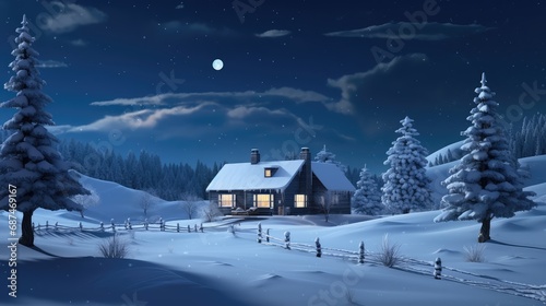 Wooden house in winter forest at night © Mr. Muzammil