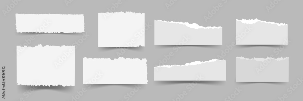 Obraz premium Set of torn or ripped sheets of white paper. Blank page separation vector illustration . 8 set