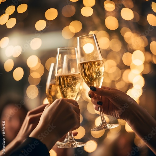 Close up of people toasting with christmas champagne glasse