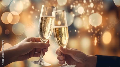 Close up of people toasting with christmas champagne glasse