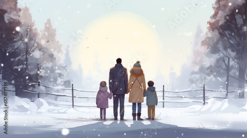 Happy family walking in winter forest. Winter season background.