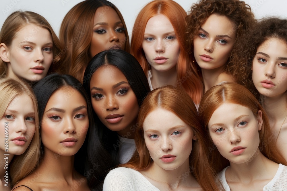 Close-up portrait of a lot of beautiful attractive Multiethnic, multiracial different women with natural beauty looking into the camera.
