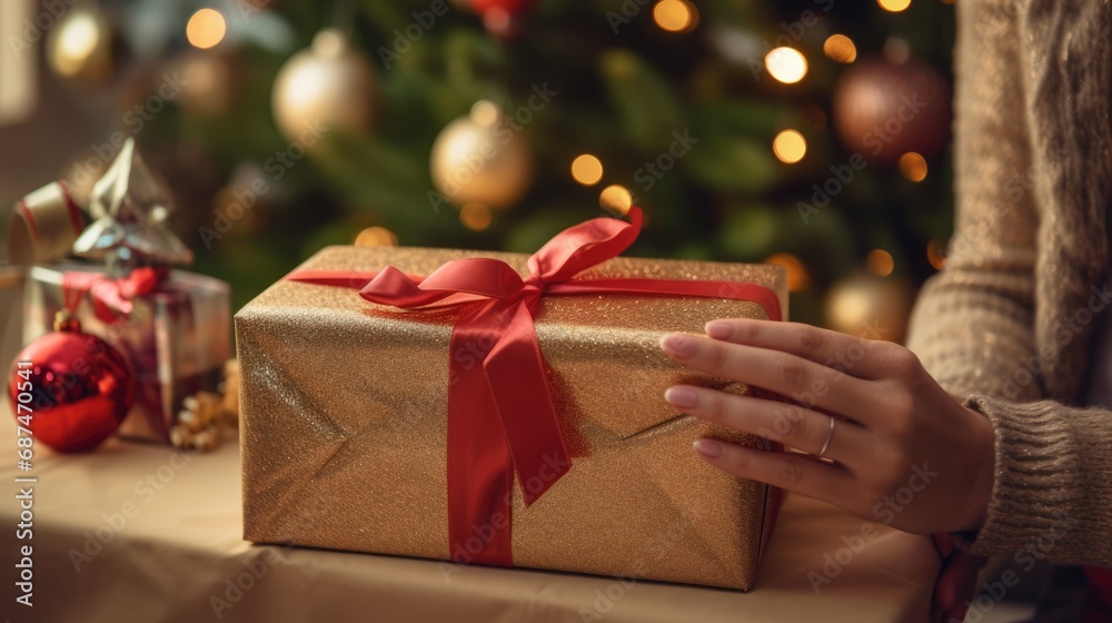 Happy woman opening her present on feeling thankful for getting present in wrapped gift box, celebrating happy birthday or marriage anniversary, international women s day, Merry Christmas.