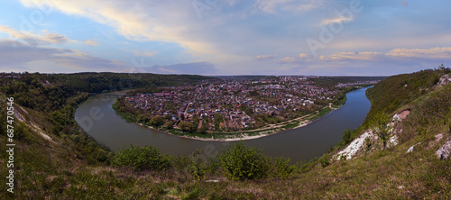 Amazing spring view on the Dnister River Canyon. View to Zalishchyky town,  Ternopil region, Ukraine. photo