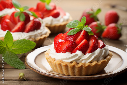 strawberry tart dessert, featuring fresh spring mint leaves and a drizzling of luscious strawberry sauce, beautifully presented on a plate for your tea time indulgence. Generative AI.