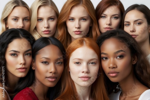 Close-up portrait of a beautiful attractive Multiethnic, multiracial different woman with natural beauty looking into the camera on a white background. Beauty, race, diversity concepts.