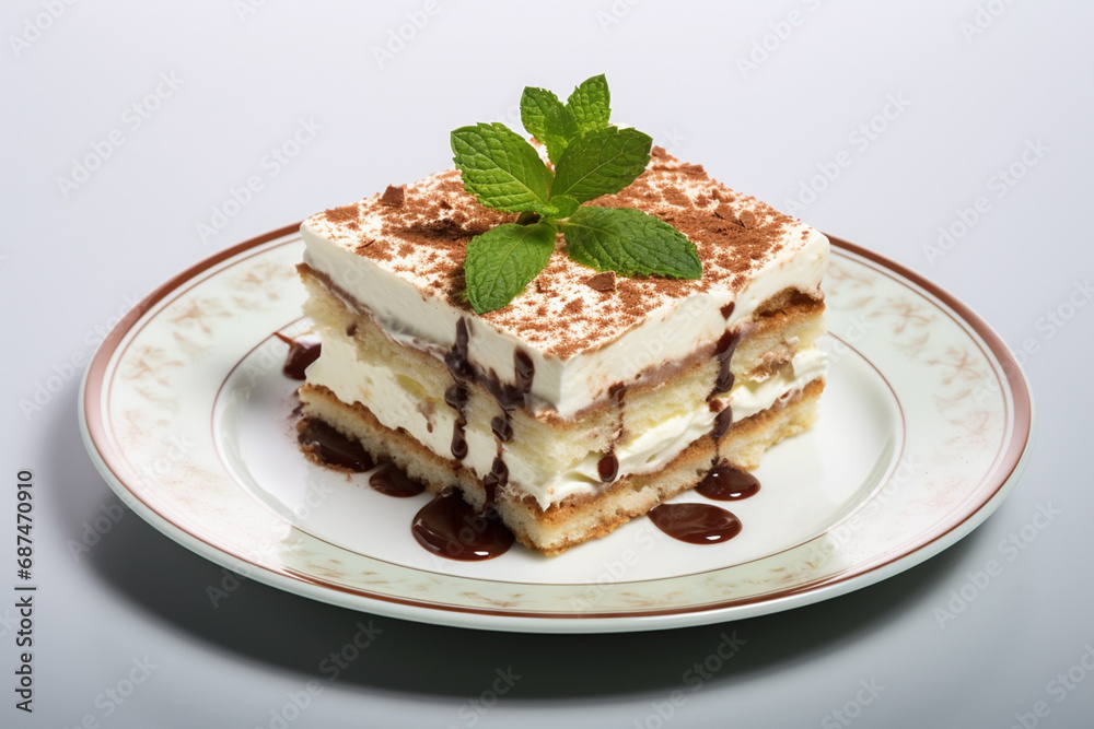 tiramisu, beautifully presented on a white plate atop a marble table. This close-up shot captures the essence of this delectable treat. Selective focus adds a touch of elegance. Generative AI.