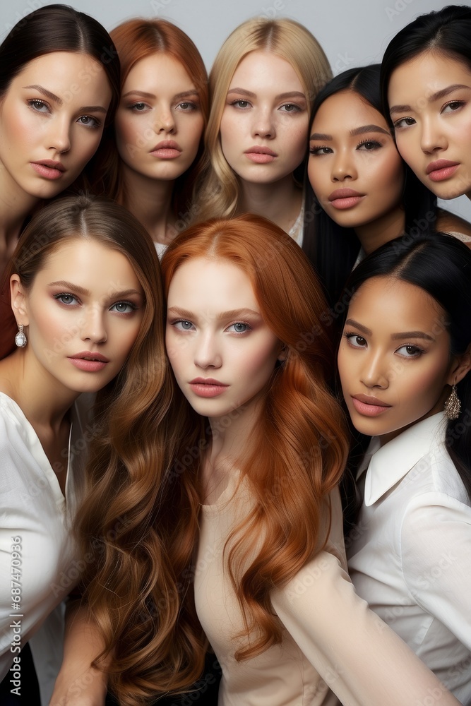 Fototapeta premium Close-up portrait of a beautiful attractive Multiethnic, multiracial different woman with natural beauty looking into the camera on a white background. Beauty, race, diversity concepts.