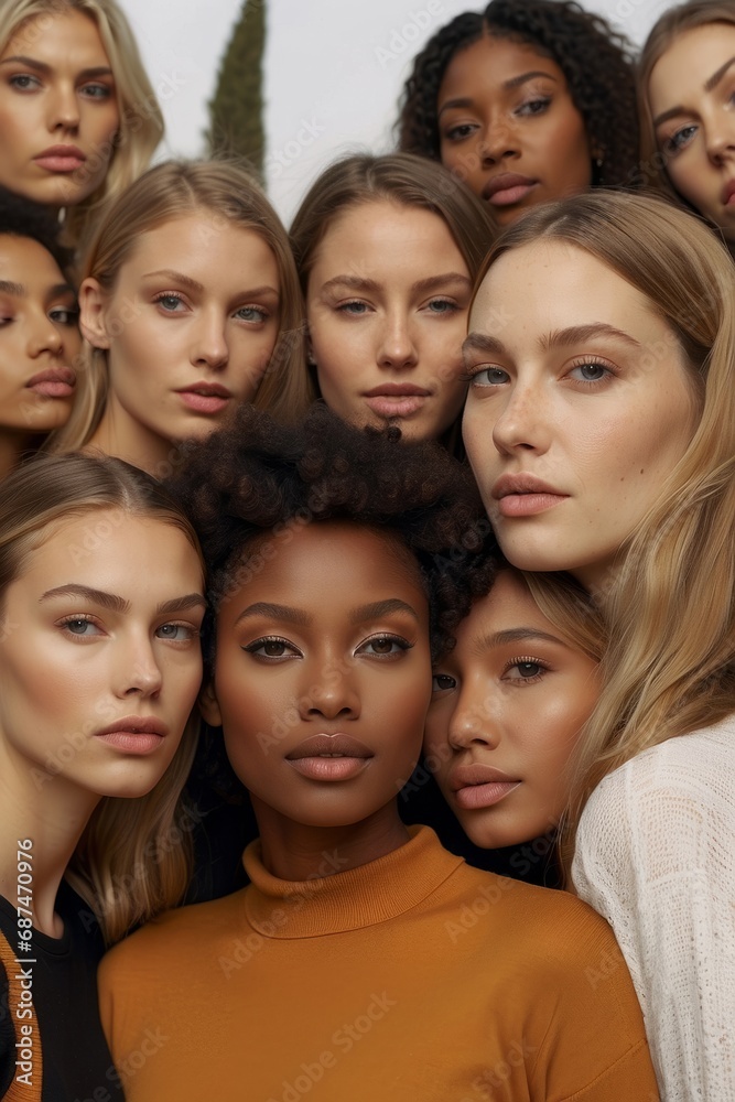 Close-up portrait of a beautiful attractive Multiethnic, multiracial different woman with natural beauty looking into the camera on a white background. Beauty, race, diversity concepts.