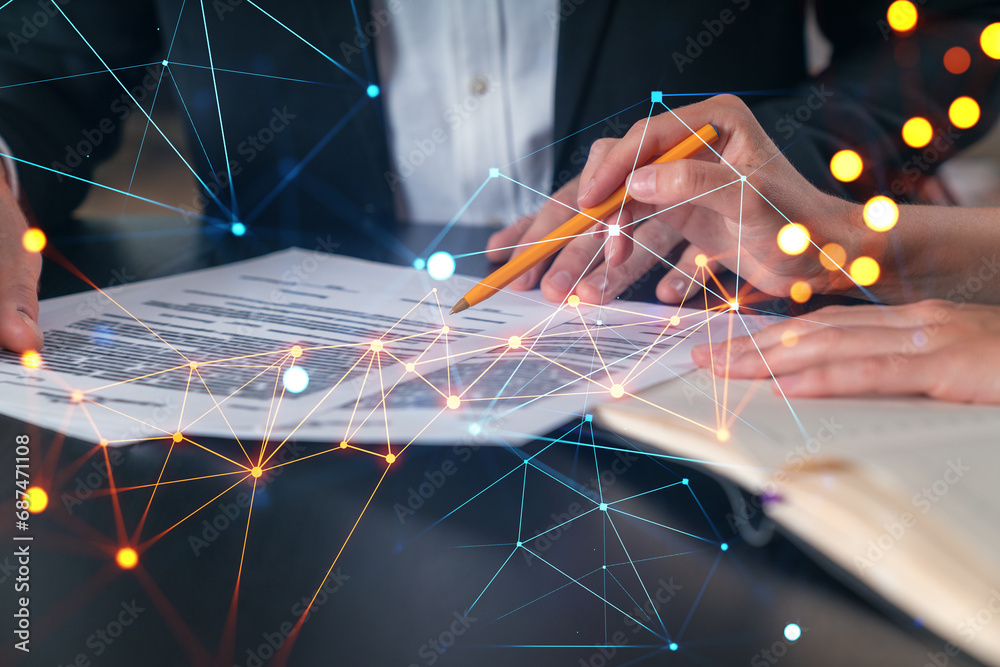 Fototapeta premium Businesspeople in formal wear taking notes signing contract at office workplace. Concept of important working moments, document sign, working process, concentration. Hands shot. Network hologram