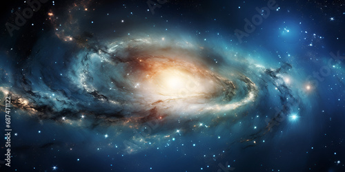 A Spiral Galaxy Illuminated by Blue Lights,Telescope image of barred spiral galaxy,a spiral galaxy in the style of dark blue and light black,The universe consists of stars, black hole, nebula, sprial 
