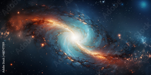 Design an abstract space odyssey through a cosmic expanse of stars and nebulae,A Spiral Galaxy Illuminated by Blue Lights