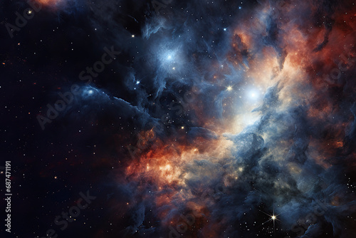 Cosmic Nebula with swirls of dust and gas in vibrant hues of blue, orange, and white create a celestial tapestry against the darkness of space.