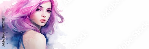 Abstract watercolor portrait of a young woman in purple tones  isolated on white background  horizontal banner  large copy space for text. International Women s Day. Empowered girl  working woman day