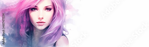 Abstract watercolor portrait of a young woman in purple tones, isolated on white background, horizontal banner, large copy space for text. International Women's Day. Empowered girl, working woman day
