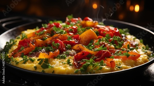 Scrambled eggs with tomatoes and red peppers served photo
