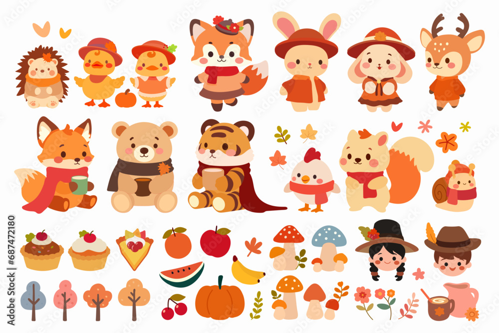 Fototapeta premium Big set of cute woodland animals gathered together in autumn. The animals include a fox, bear, squirrel, hedgehog, deer, tiger and bunny. Fall season stickers and clipart. Thanksgiving design on white
