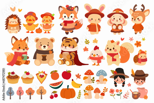 Fototapeta Naklejka Na Ścianę i Meble -  Big set of cute woodland animals gathered together in autumn. The animals include a fox, bear, squirrel, hedgehog, deer, tiger and bunny. Fall season stickers and clipart. Thanksgiving design on white