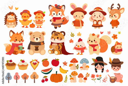 Big set of cute woodland animals gathered together in autumn. The animals include a fox, bear, squirrel, hedgehog, deer, tiger and bunny. Fall season stickers and clipart. Thanksgiving design on white