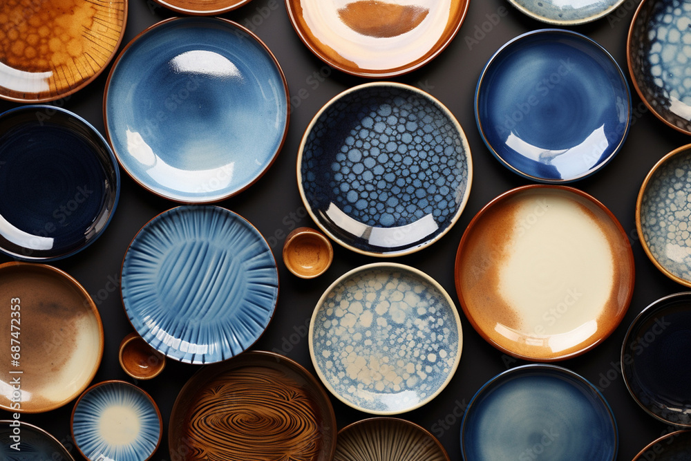 Various ceramic plates and porcelain dishes in blue, brown, and beige tones, neatly arranged on a white background. Generative AI. - obrazy, fototapety, plakaty 