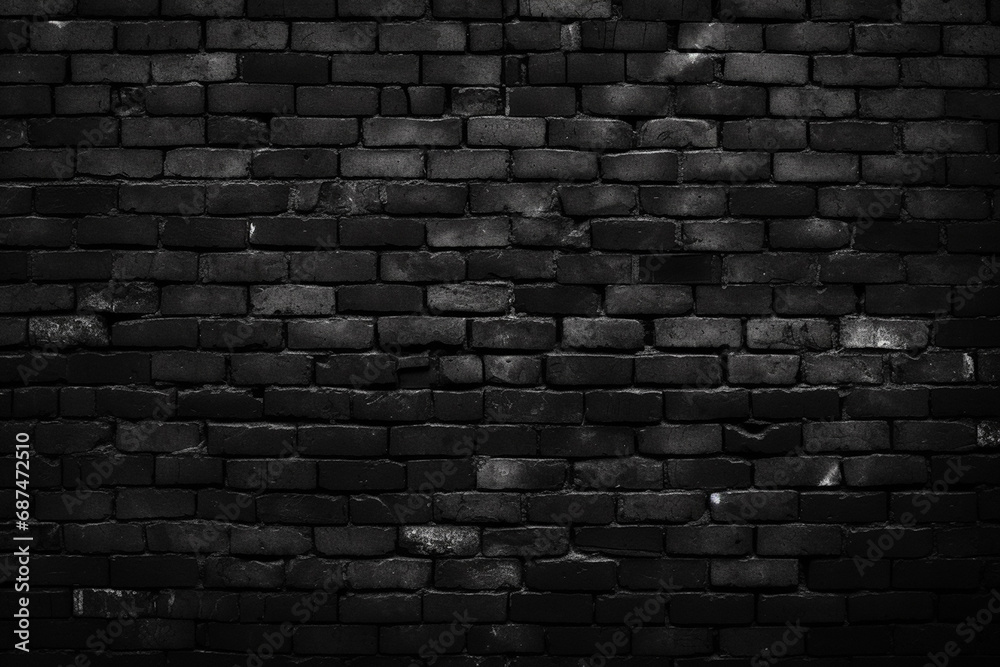 An abstract black brick wall background showcases an old, empty, grungy cement wall. Generative AI.