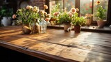 Wooden clean table in the kitchen The sun shines