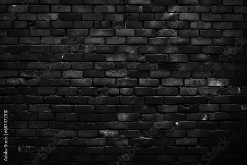 An abstract black brick wall background showcases an old, empty, grungy cement wall. Generative AI.