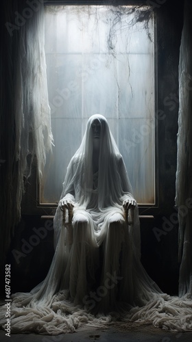 a ghost sitting in a window next to a curtain, in the style of ethereal creatures, hauntingly beautiful