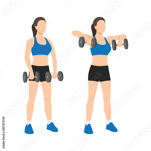 Woman doing upright dumbbell rows exercise. Flat vector illustration isolated on white background