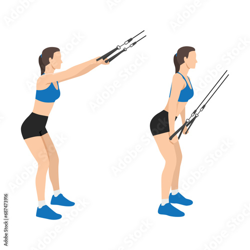 Woman doing straight arm Rope lat pulldown exercise. Flat vector illustration isolated on white background