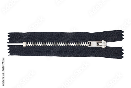 Black metal zipper isolated on white. Cutout zipper object. Vintage style clothing accessories. Sewer element background. Fastener isolated. Shiny metal silver zipper teeth photo