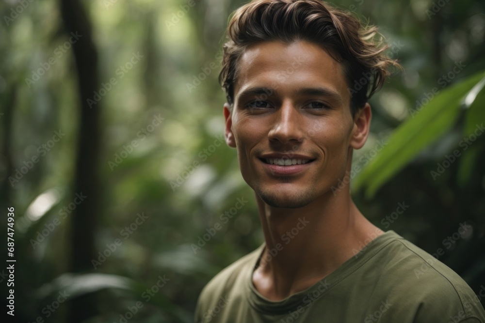 Close-up contrast portrait of a handsome young smiling brunette man with light and shadow on his face on a green background of the tropics. Men's cosmetics, spa, care, positive emotions concepts.