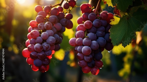 Red grapes ripen on the vine as the sunset casts