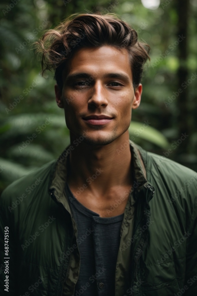 Fototapeta premium Handsome young sexy smiling man in the forest, jungle, tropics, botanical garden.