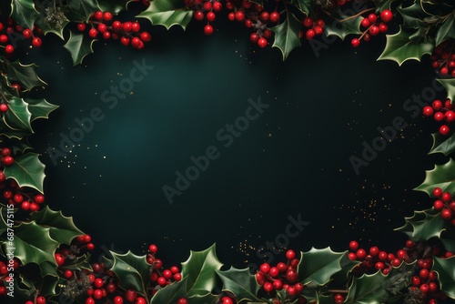 Vibrant Festive Christmas background with a border of holly leaves, berries, and twinkling lights, centered copyspace for festive greetings or ads