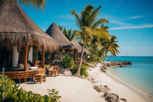 A luxurious beach resort on a tropical island, thatched bungalows nestled among lush palm trees, overlooking the white sandy beach and azure waters