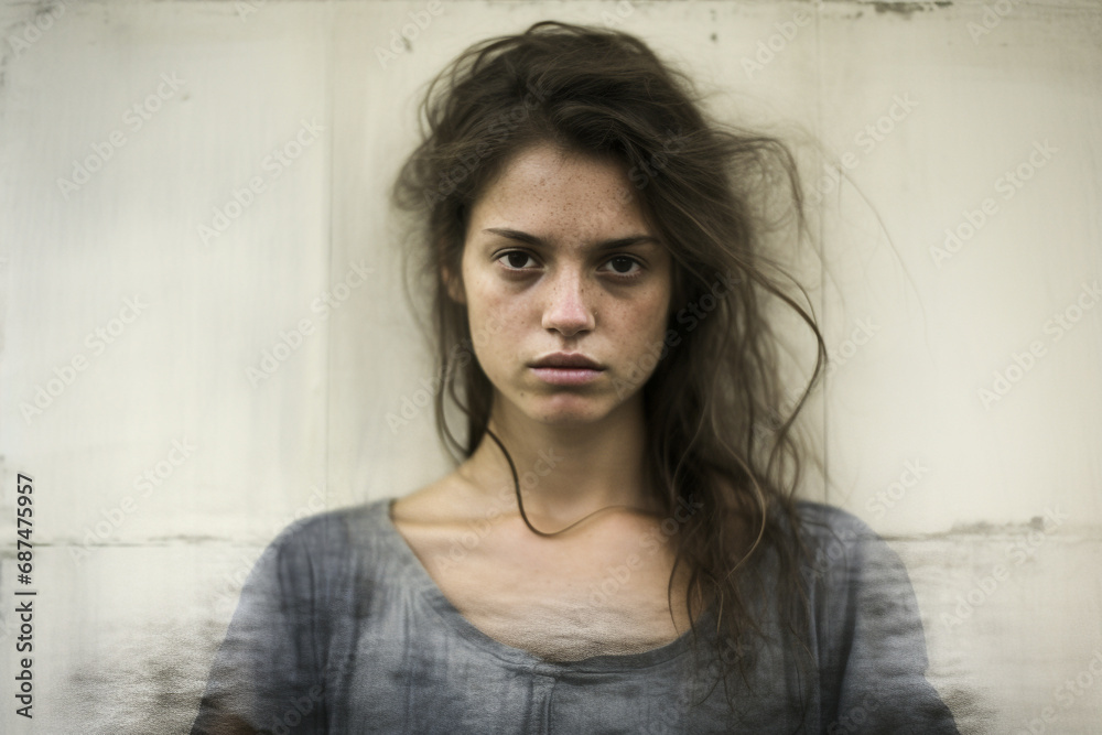 A young woman in her early twenties portrays a silent battle. Her dulled eyes and weariness reveal internal turmoil, evident in the lines on her face and subtle posture. A young woman in her early twenties portrays a silent battle. Her dulled eyes and weariness reveal internal turmoil, evident in the lines on her face and subtle posture.