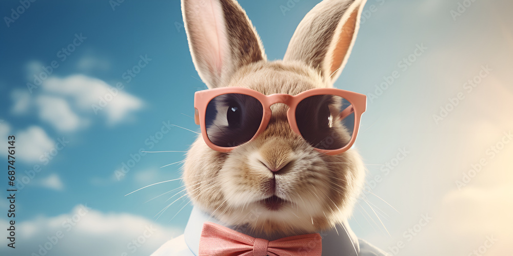 A rabbit wearing sunglasses and a blue background with the word rabbit on it ,A rabbit wearing sunglasses and a colorful background  generative ai

