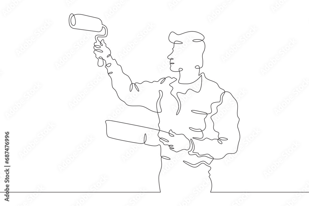 A builder works with tools. Man in work clothes.Handyman. Wrench. Repair. One continuous line drawing. Linear. Hand drawn, white background. One line.