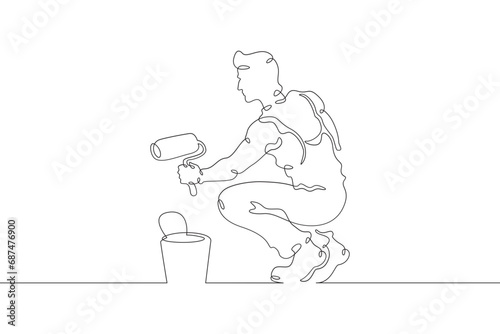 A builder works with tools. Man in work clothes.Handyman. Wrench. Repair. One continuous line drawing. Linear. Hand drawn, white background. One line.