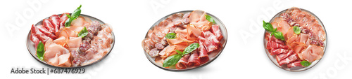 Cured Meat Platter, Antipasto Set, Appetizer Variety on Plate over White Background