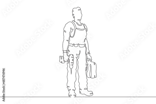 Fototapeta Naklejka Na Ścianę i Meble -  A builder works with tools. Man in work clothes.Handyman. Wrench. Repair. One continuous line drawing. Linear. Hand drawn, white background. One line.