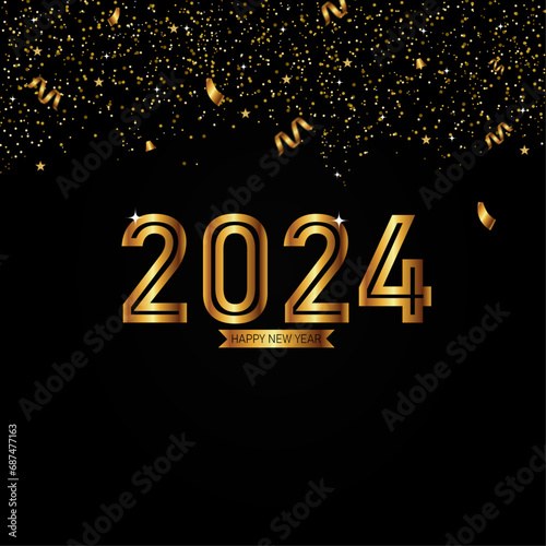 realistic gold new year banner design with shimmer and confetti vector illustration.